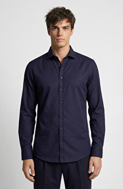 Slim Fit Navy Blue Plain Cotton Satin Shirt