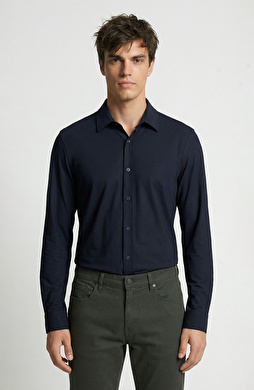 Lacivert Uzun Kollu Teknik Örme Gömlek