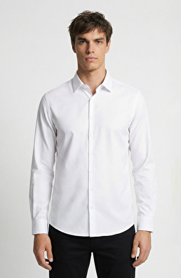 Slim Fit Beyaz Lycralı Cotton Petek Desen Gömlek