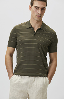 Haki Fermuarlı Polo Yaka Çizgili Kısa Kol Kazak