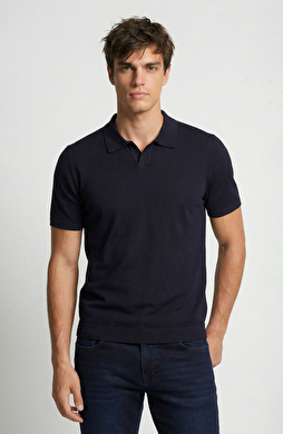 Lacivert Apaş Yaka Basic Kısa Kol Kazak