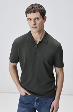 Haki Polo Gizli Patlı Fermuarlı Kazak