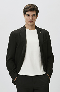 Slim Fit Siyah Mono Yaka Gofreli Örme Ceket