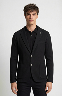 Siyah Slim Fit Gofre Desen Örme Ceket