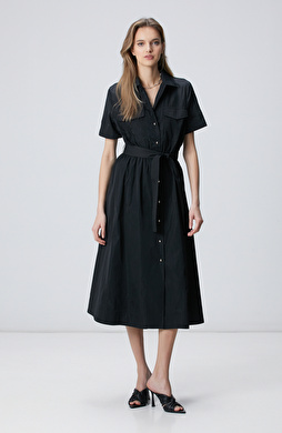 Siyah Kısa Kollu Midi Elbise
