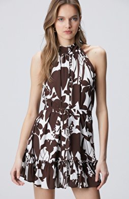 Ekru Kahverengi Desenli Mini Elbise