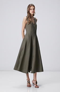 Haki Keten Midi Elbise