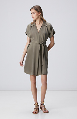 Haki Beli Kuşaklı Midi Cupro Elbise