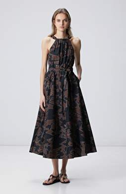 Siyah Kahverengi Desenli Midi Elbise