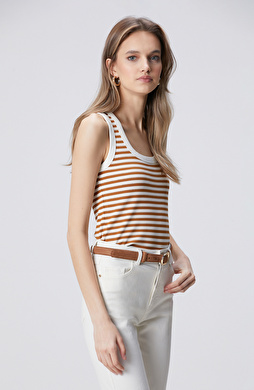 Beyaz Tütün Çizgili Örme Atlet