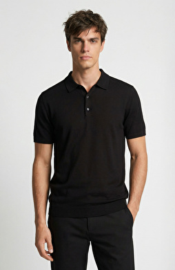 Siyah Polo Yaka Basic Triko Kazak