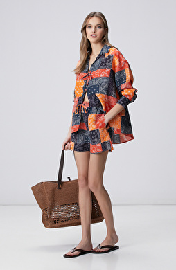 Lacivert Kırmızı Desenli Keten Mix Şort