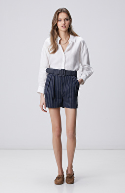 N-Green Navy Blue White Striped Belted Linen Blend Shorts
