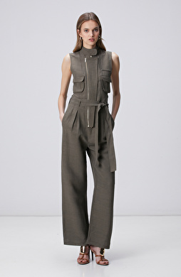 Haki Dik Yaka Kolsuz Keten Karışımlı Tulum