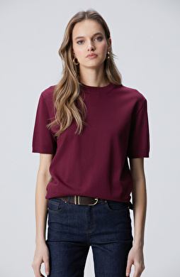 Bordo İnce Ribana Örgü Dik Yaka Rayon Basic Kazak