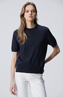 Lacivert İnce Ribana Örgü Dik Yaka Rayon Basic Kazak