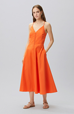 N-Tech Orange Low-cut Back Detailed Midi Dress