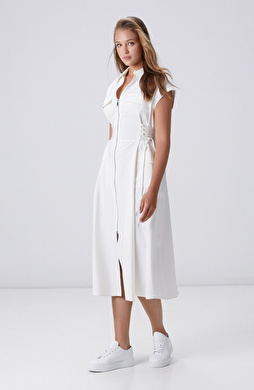 Kırık Beyaz N-tech  Bel Detaylı Midi Elbise