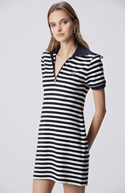 Navy Blue White Striped Mini Knitwear Dress