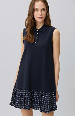 Navy Blue Paisley Pattern Garnished Knitted Dress