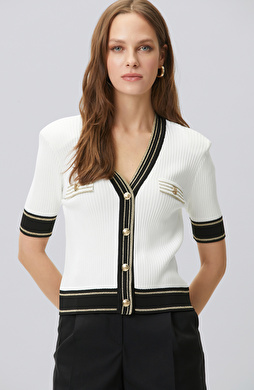 Siyah Kırık Beyaz V Yaka Vatkalı Triko Ceket