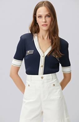 Lacivert Beyaz Vatkalı V yaka Triko Ceket