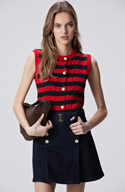 Lacivert Kırmızı Çizgili Triko Ceket