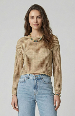 Bej Ajurlu Simli Triko Kazak