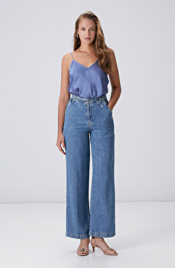 İndigo Mavi Wide Straight Tencel Denim Pantolon