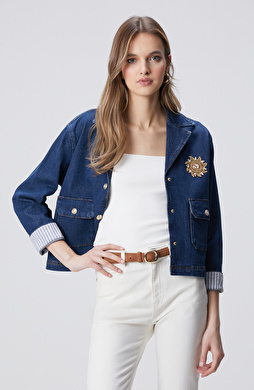 Koyu Mavi İndigo Çıtçıt Kapatma Denim Ceket