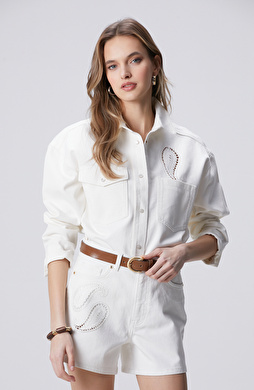 Kırık Beyaz Nakışlı Taşlı Denim Gömlek