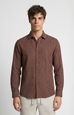 Kahverengi Çizgi Desenli Comfort Keten Gömlek