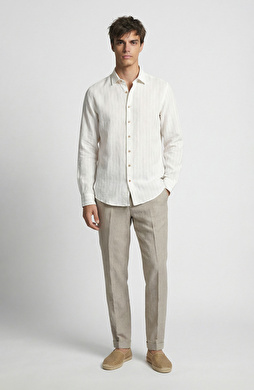 Kırık Beyaz Çizgi Desenli Keten Gömlek