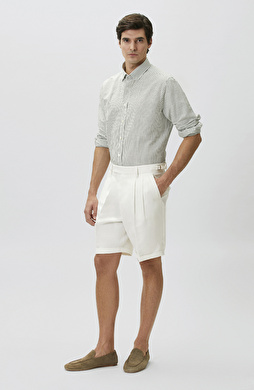 Yeşil Keten Karışımlı Gofreli Çizgili Gömlek