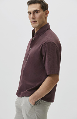 Relaxed Fit Bordo Etek Ucu Lastikli Gofreli Gömlek