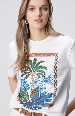 Kırık Beyaz Ön ve Arka Beden Baskılı T-shirt