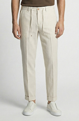 Jogger Bej Çizgili Pamuk Keten Dokuma Pantolon