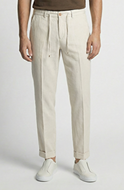 Jogger Bej Çizgili Pamuk Keten Dokuma Pantolon