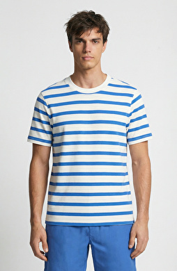 Ekru Mavi Çizgili Örme T-Shirt