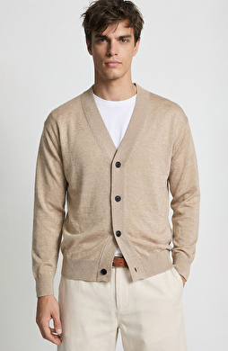 Bej Keten Karışımlı Triko Hırka