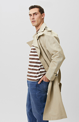 Bej Kruvaze Kemerli Keten Karışımlı Pardösü