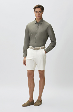 Krem Slim Fit Pamuk Keten Şort