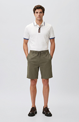 Slim Fit Haki Keten Karışımlı Dokuma Şort