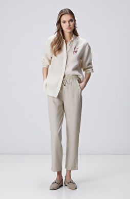 Naturel Nervür Detaylı Keten Mix Pantolon