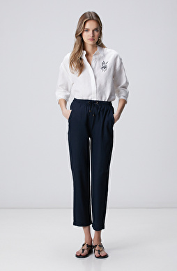 Lacivert Nervür Detaylı Keten Mix Pantolon