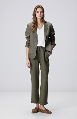 Haki Nervür Detaylı Keten Mix Pantolon
