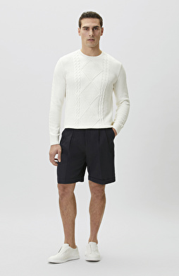 Lacivert Keten Karışımlı Beli Tokalı Şort