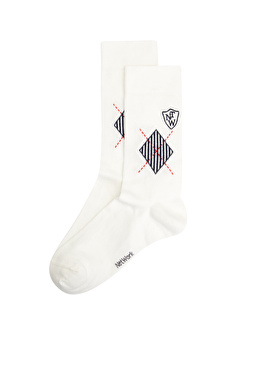Beyaz Baklava Desenli Erkek Çorap
