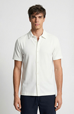 Ekru Jakarlı Kısa Kollu Gömlek