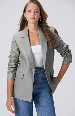 Açık Haki Kruvaze Kapama Keten Ceket